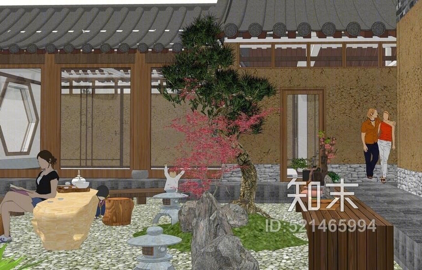 四合院庭院景观SU模型下载【ID:521465994】