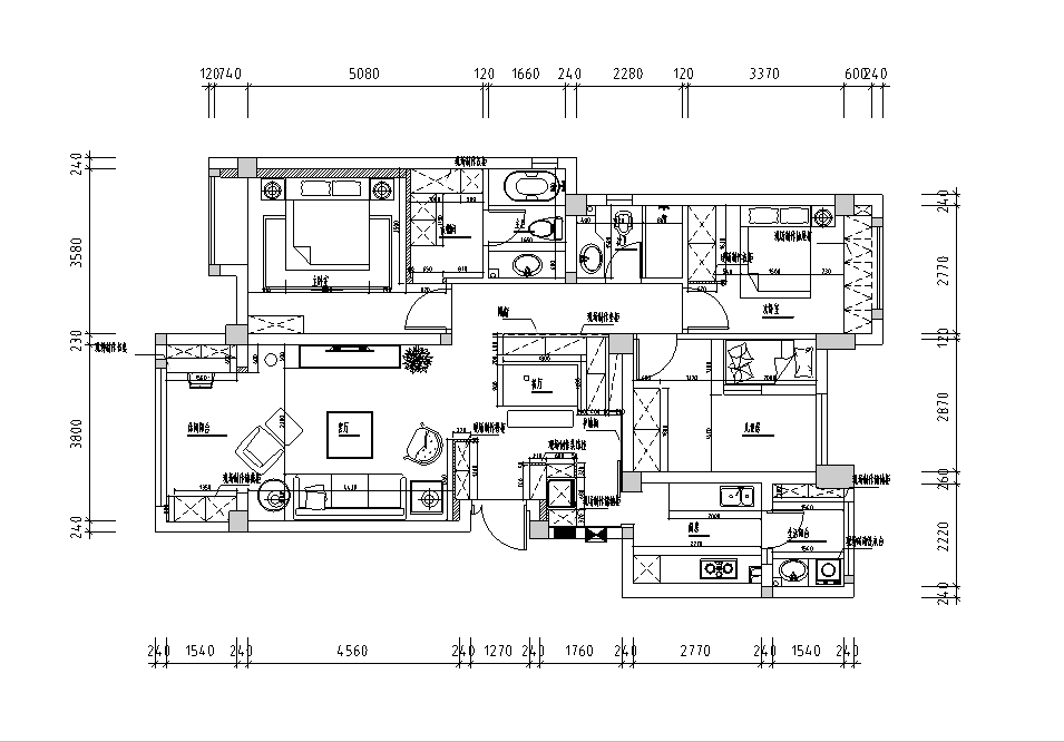 美式三居室家装设计施工图（含实景图）cad施工图下载【ID:181765174】