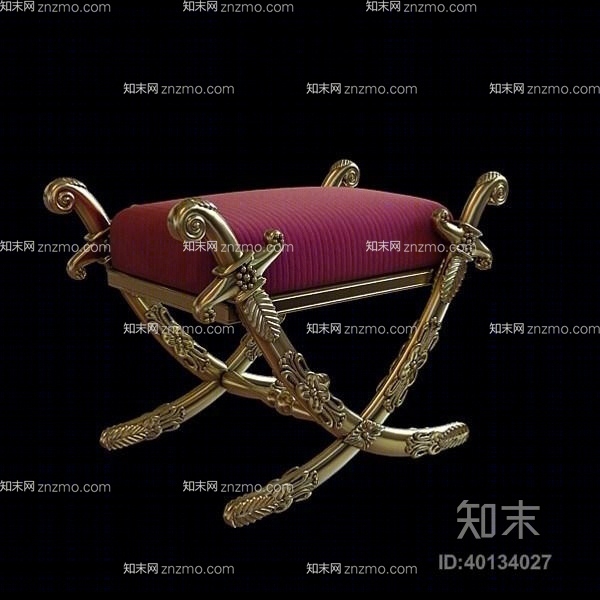欧式古典金色方型布艺沙发凳3D模型下载【ID:40134027】