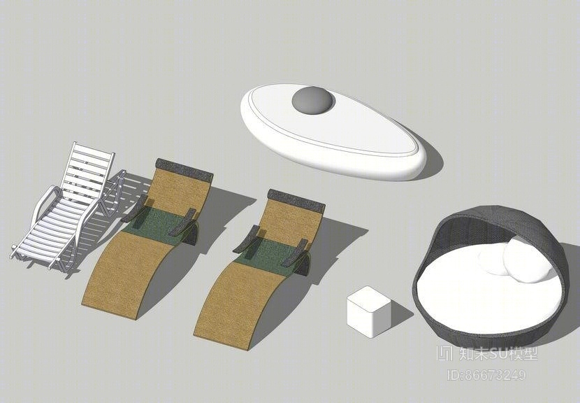 泳池边休闲躺椅组合SU模型下载【ID:86673249】