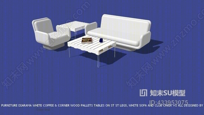 家具Diarama白色咖啡桌和角木托盘白色沙发和俱乐部椅，由JohnSU模型下载【ID:433953075】