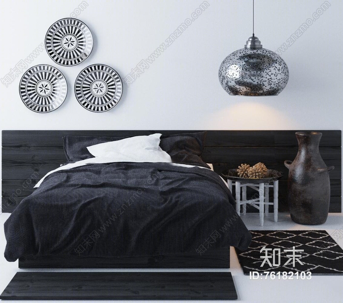 现代布艺双人床吊灯圆几组合3D模型下载【ID:76182103】