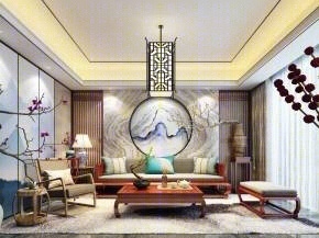 新中式沙发椅吊灯装饰画茶几装饰品背景墙组合3D模型下载【ID:120282068】