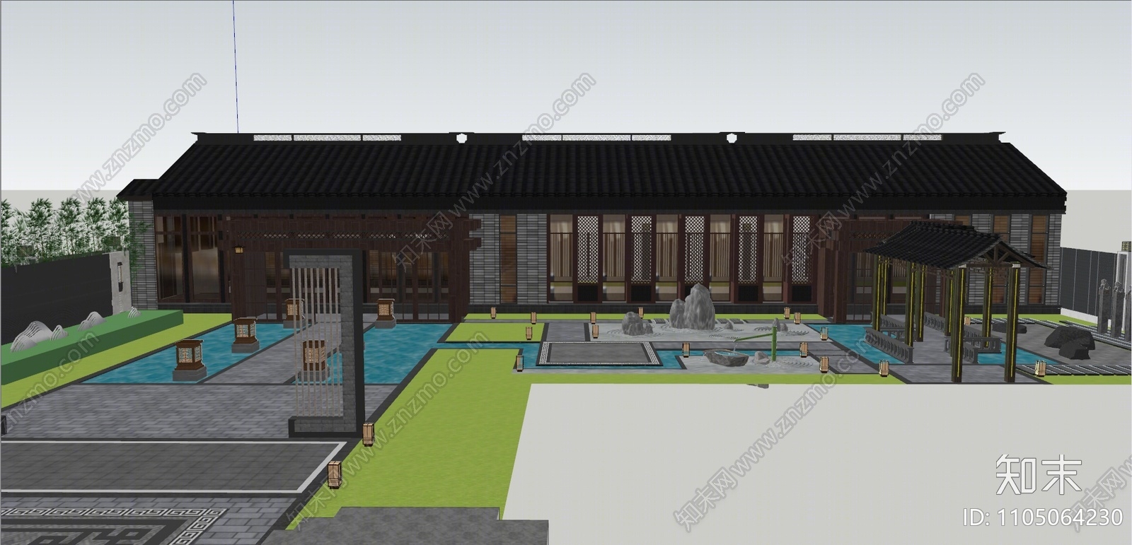 新中式庭院花园SU模型下载【ID:1105064230】