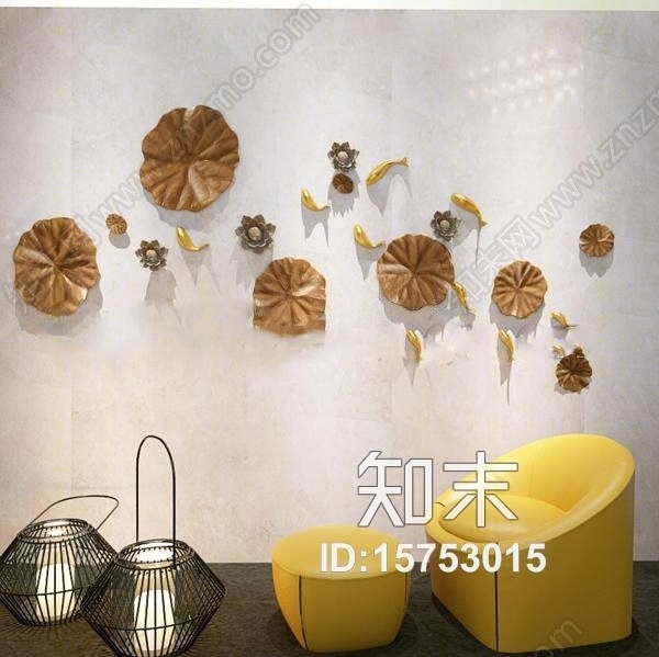 现代荷花鱼群墙饰休闲沙发组合3D模型下载【ID:15753015】
