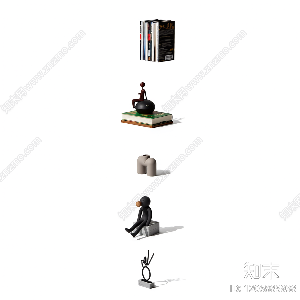 组合雕塑与书籍装饰3D模型下载【ID:1206885938】