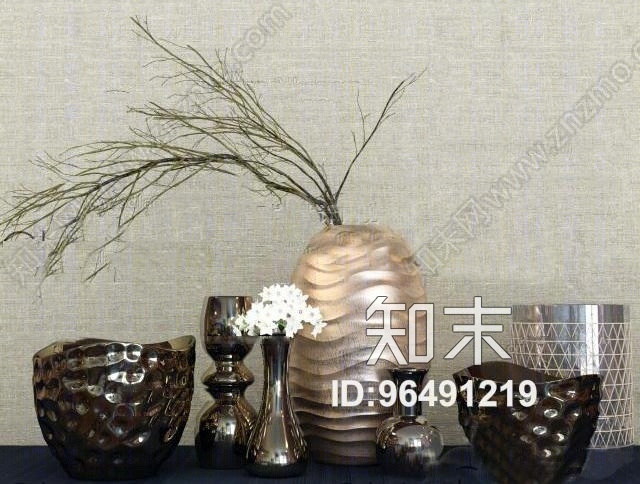现代金属花瓶器皿摆件组合3D模型下载【ID:96491219】