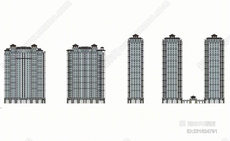 中式高层住宅SU模型下载【ID:231624791】