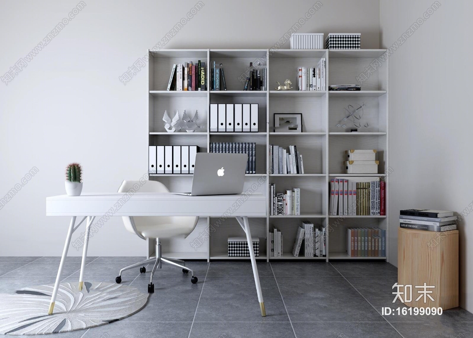 现代书桌椅书架书籍组合3D模型下载【ID:16199090】