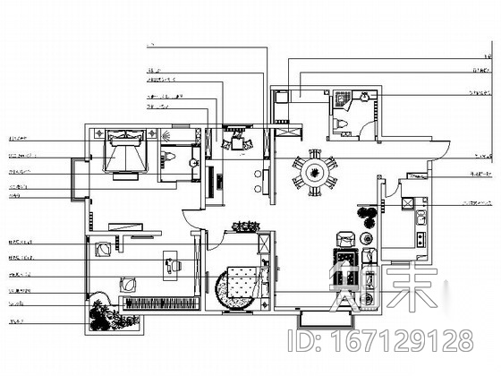 名师设计优雅田园乡村两居室样板间CAD装修施工图（含效...cad施工图下载【ID:167129128】