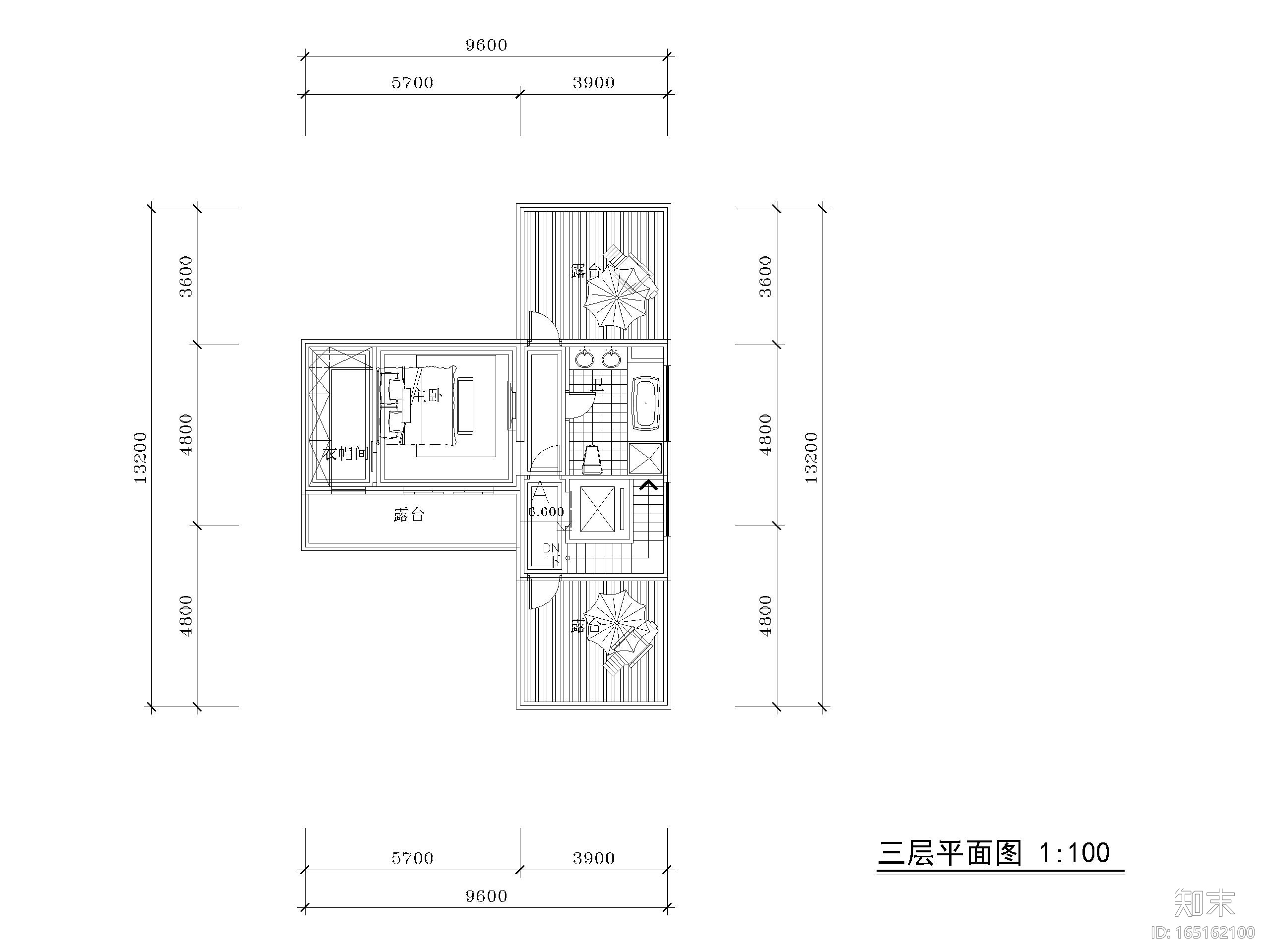 合院四房3层两开间户型图CAD_200㎡施工图下载【ID:165162100】