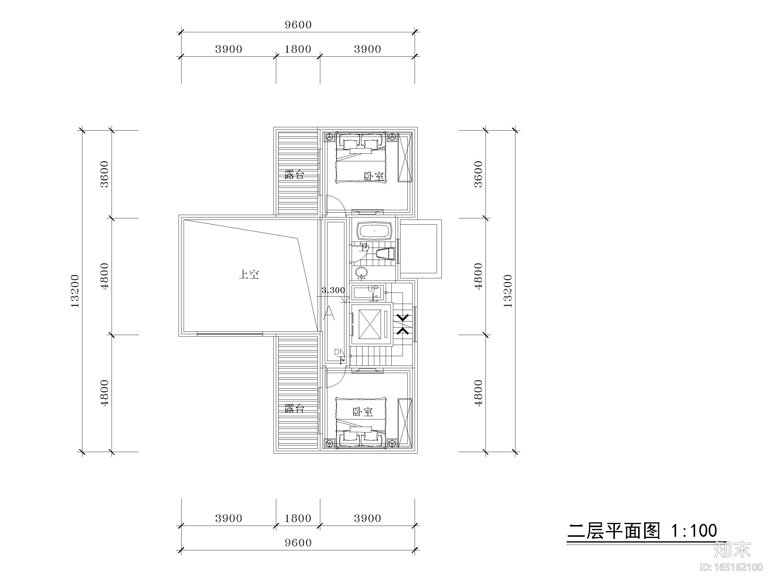 合院四房3层两开间户型图CAD_200㎡施工图下载【ID:165162100】