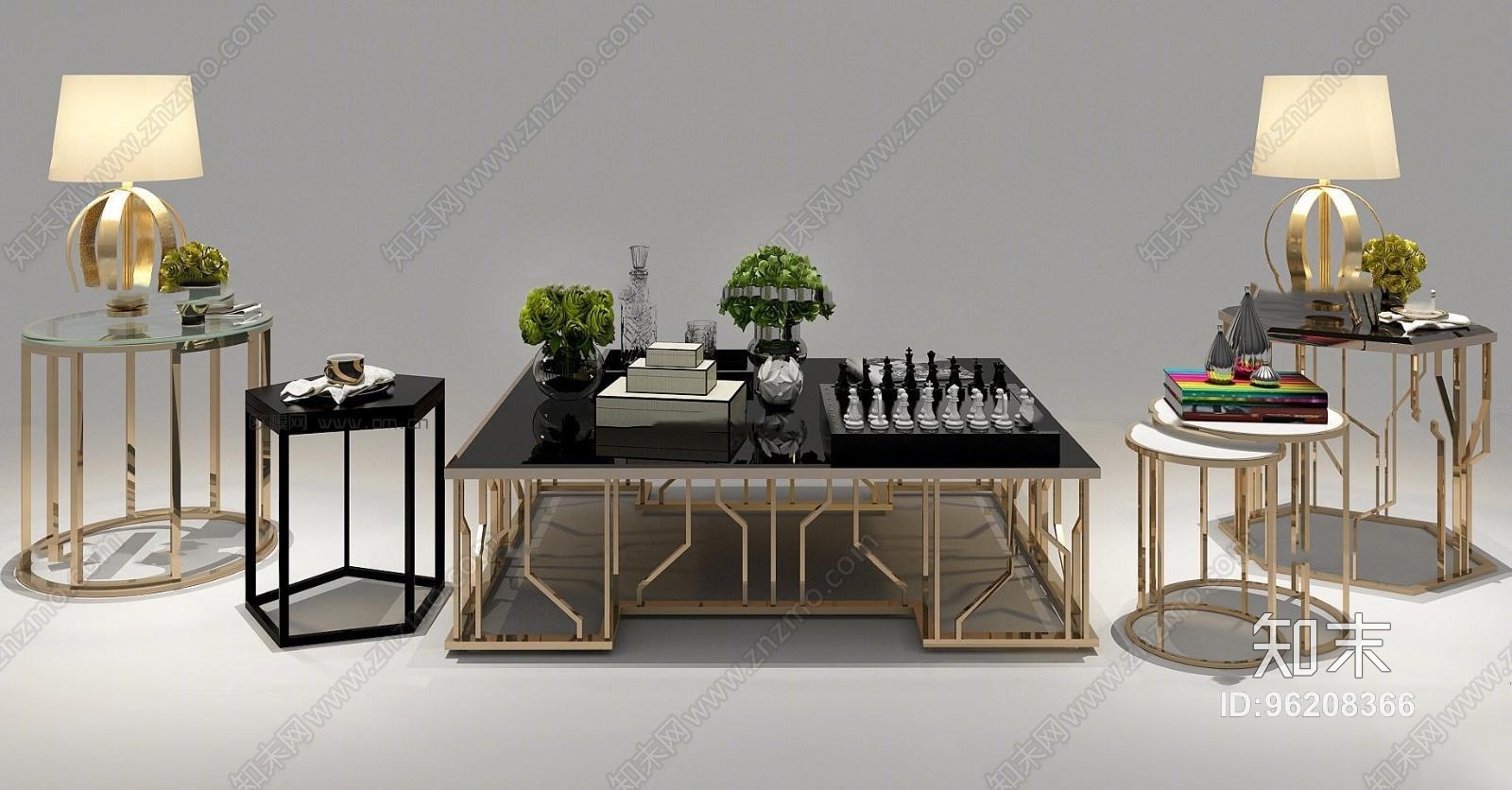 现代金属茶几圆几角几台灯摆件组合3D模型下载【ID:96208366】