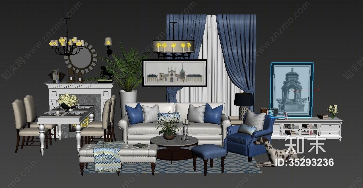 欧式田园沙发餐桌椅休闲椅吊灯电视柜壁炉茶几组合3D模型下载【ID:35293236】