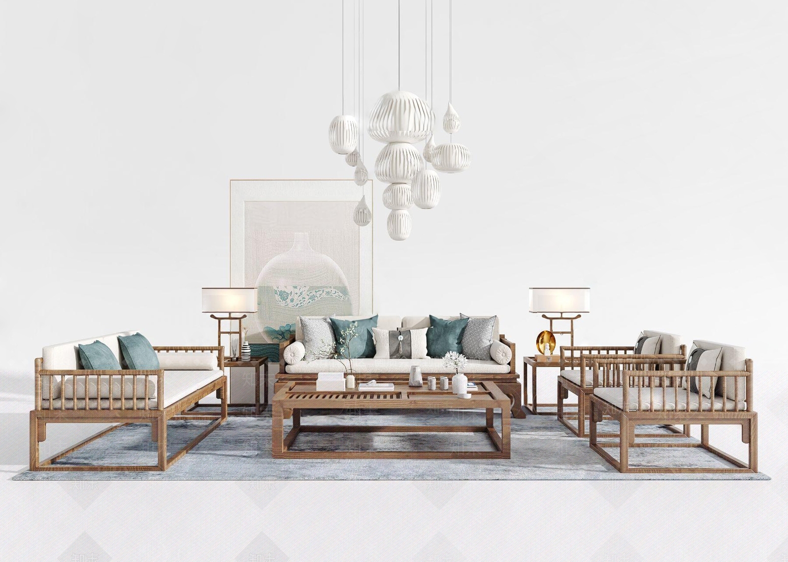 新中式实木沙发茶几组合3D模型下载【ID:1103466274】