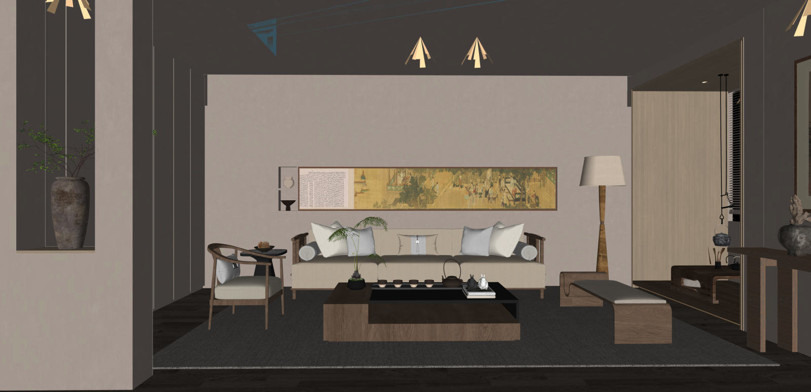 新中式家居客厅SU模型下载【ID:1215996233】