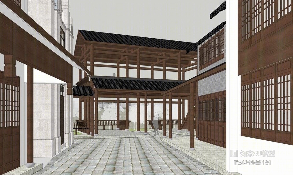 中式老街修复改造SU模型下载【ID:421988181】