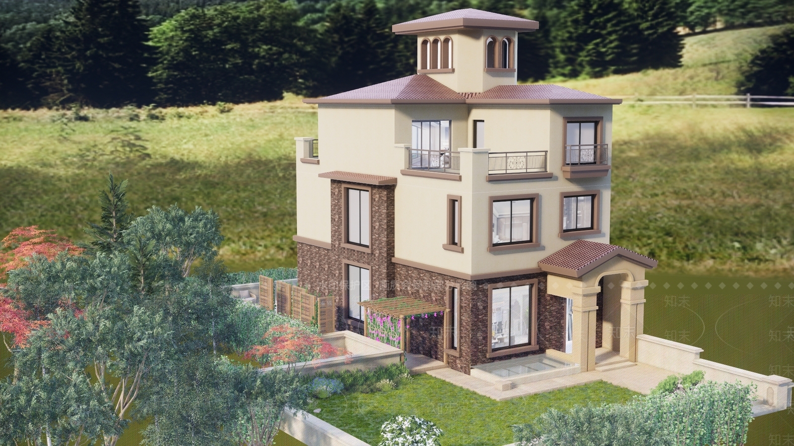 别墅花园景观植物水景Enscape参数室外SU模型下载【ID:232978329】