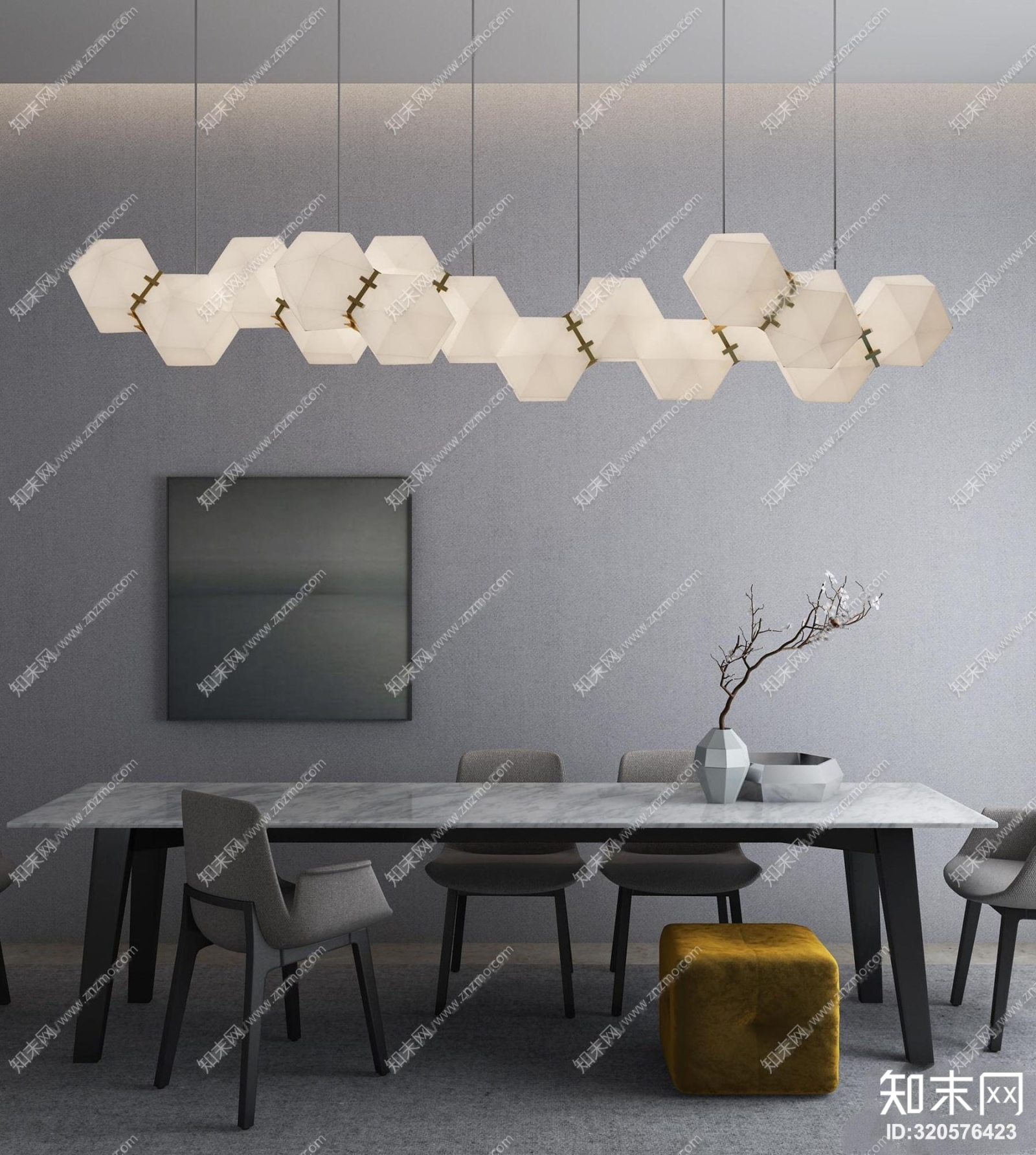 （悬赏模型）现代餐桌椅吊灯组合3D模型下载【ID:320576423】