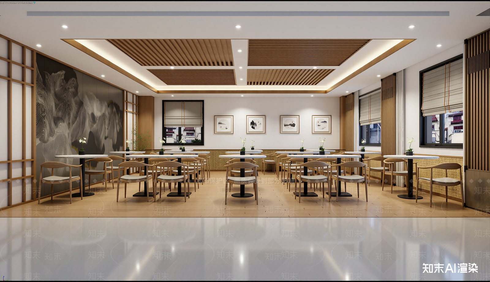 日式酒店餐厅3D模型渲染效果图