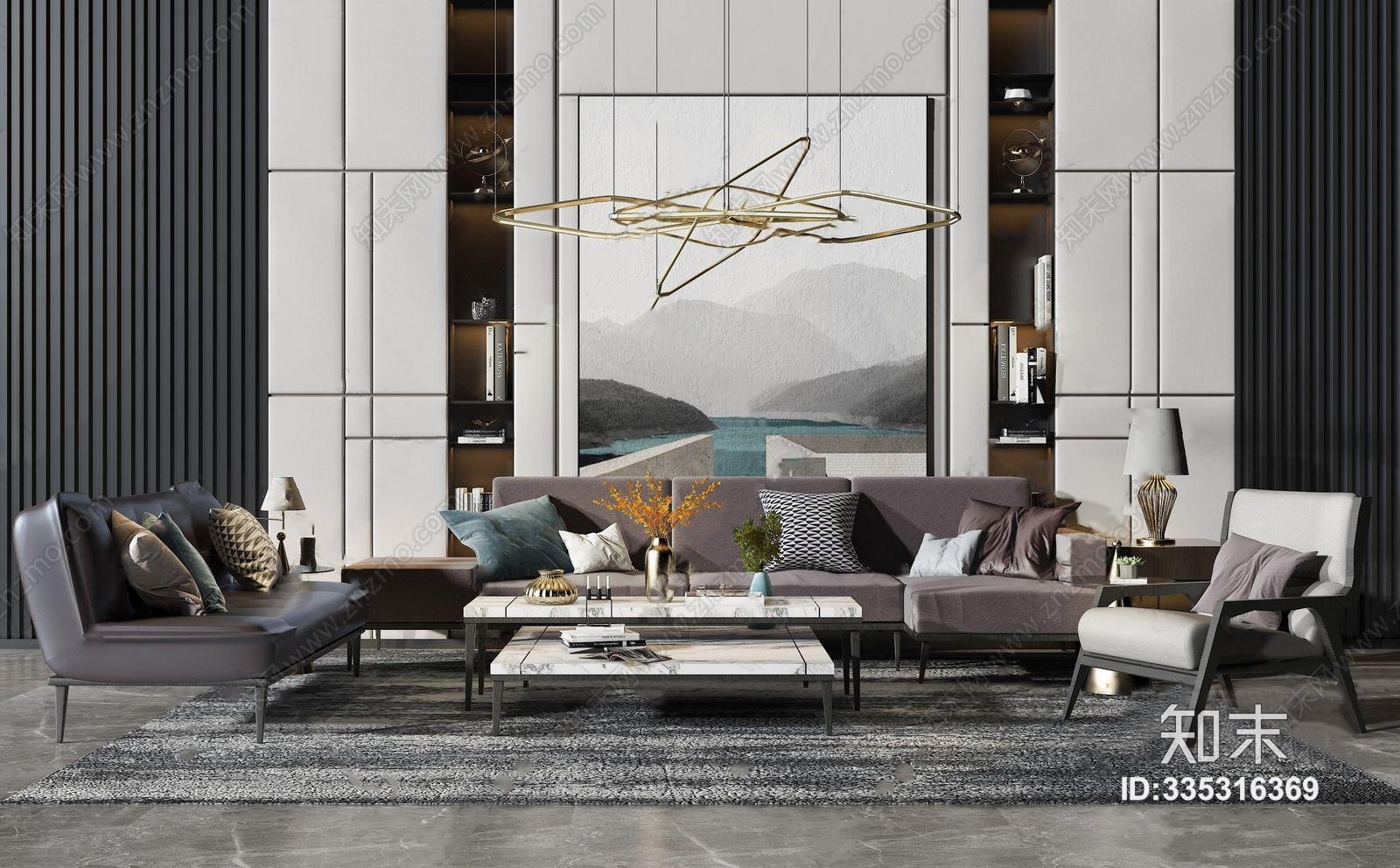 现代沙发茶几组现代沙发茶几组合多人沙发双人沙发单人沙发单人椅边几吊灯装饰品背景墙摆件3d模型 Id 知末3d模型网