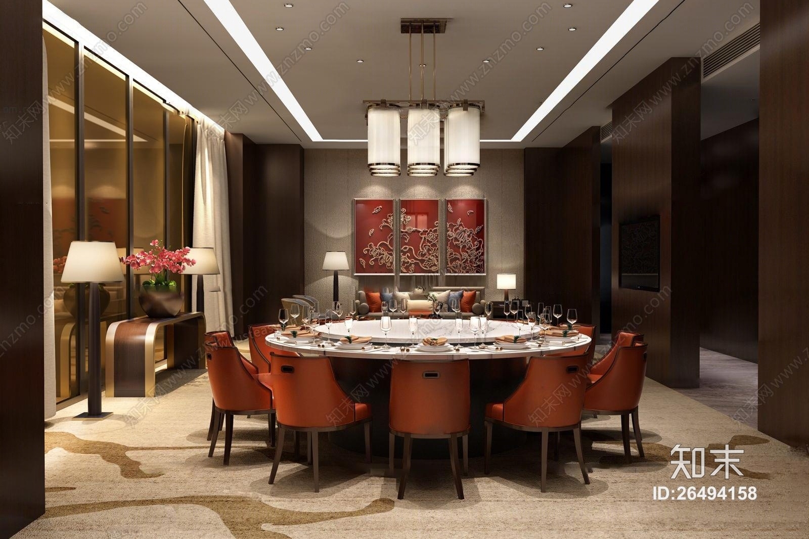 新中式酒店餐厅VIP包房3D模型下载【ID:26494158】