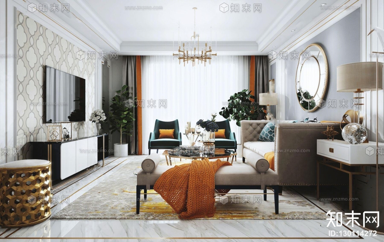 现代简美客厅餐厅门厅3D模型下载【ID:130114272】