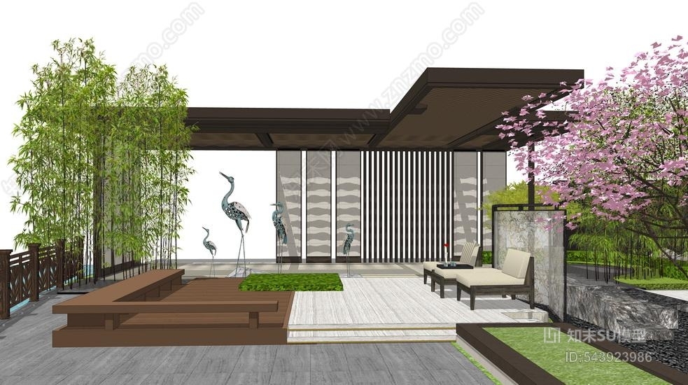 中式庭院景观SU模型下载【ID:543923986】