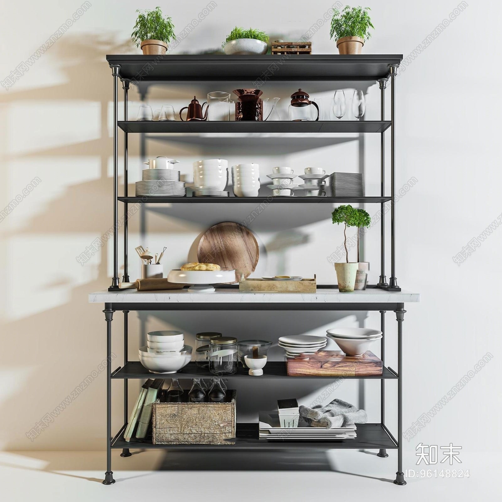 现代陶瓷餐盘餐具盆栽置物架3D模型下载【ID:96148824】