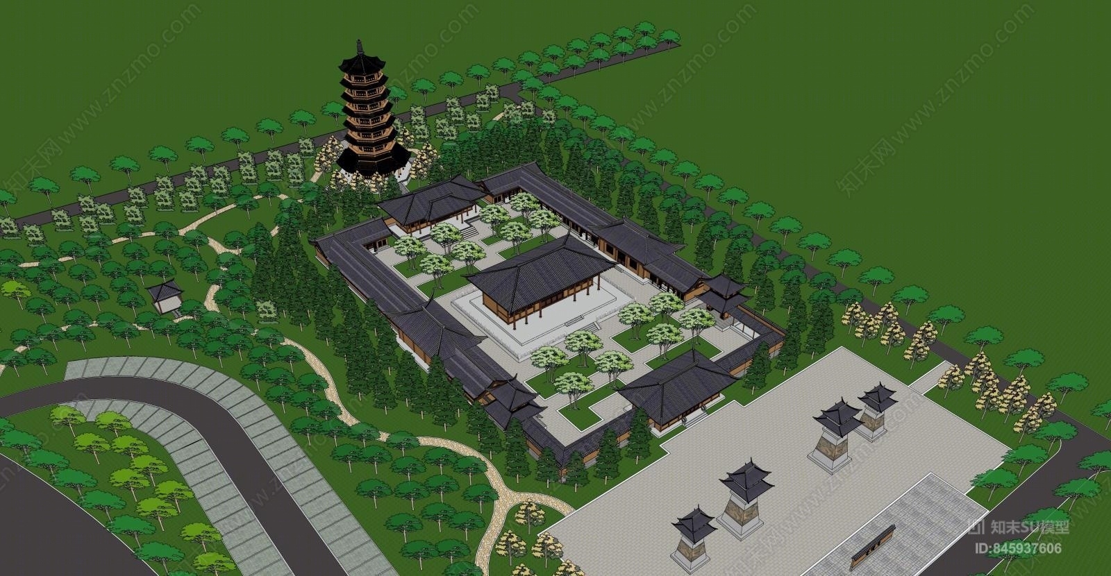 中式古建寺庙SU模型下载【ID:845937606】