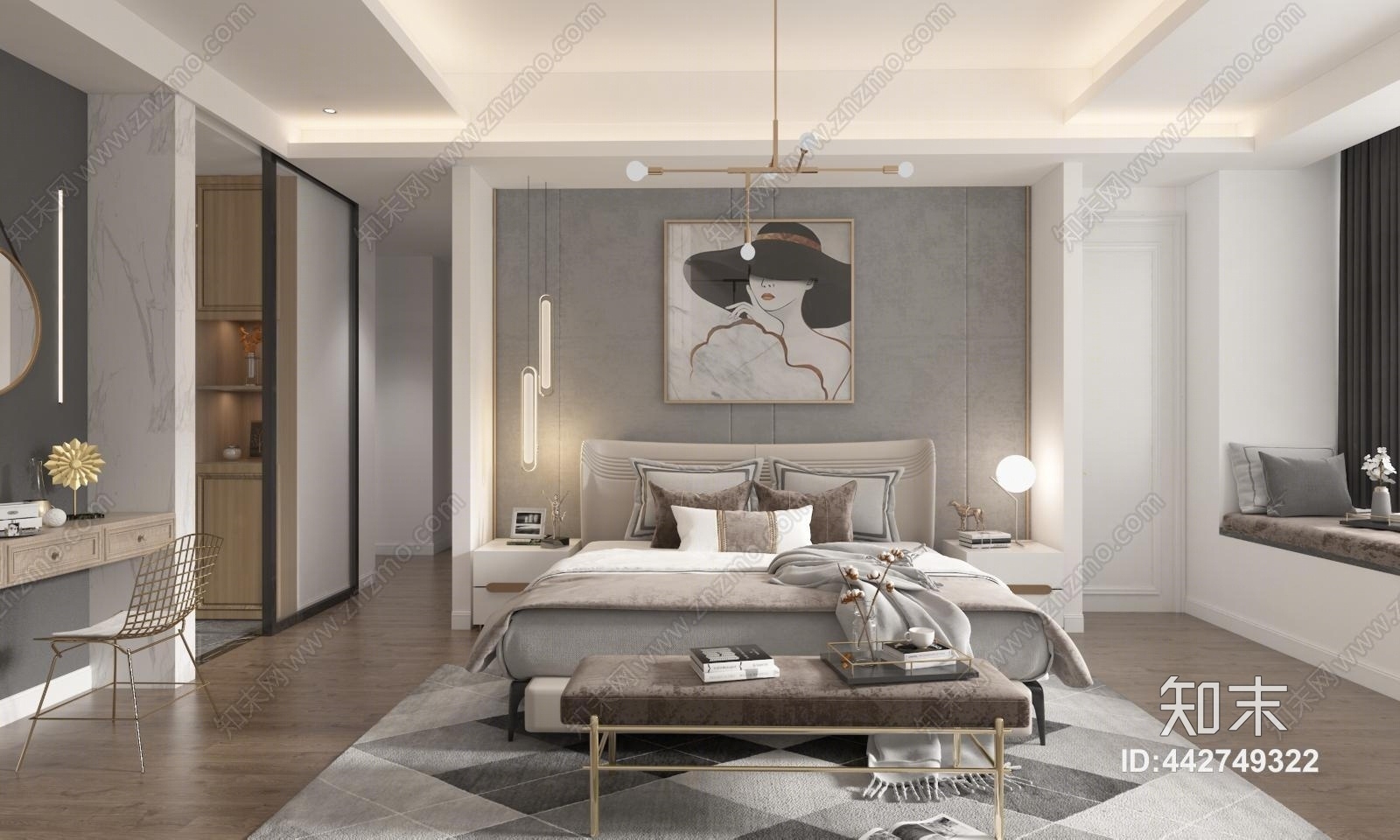 现代软包卧室3D模型下载【ID:442749322】