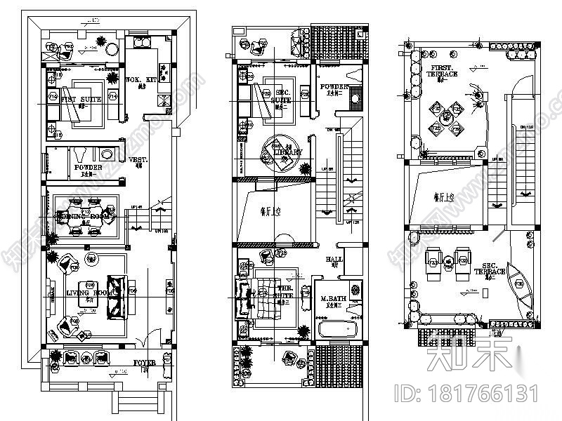 地中海风格三层样板别墅施工图（含效果）cad施工图下载【ID:181766131】