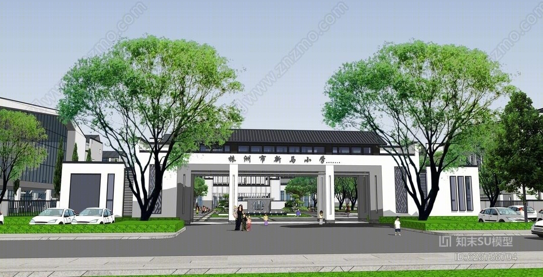 新中式小学景观SU模型下载【ID:628758704】