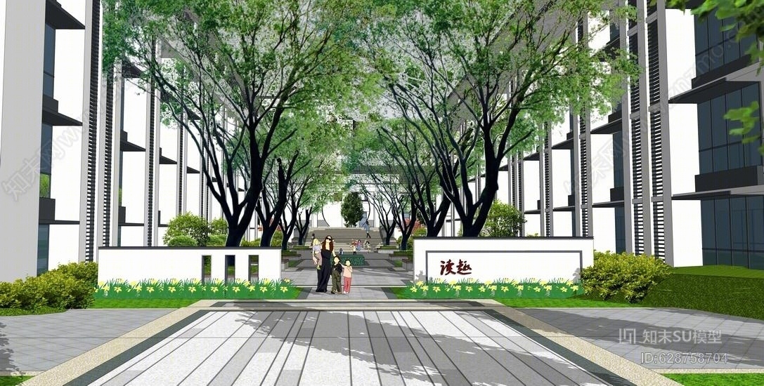 新中式小学景观SU模型下载【ID:628758704】