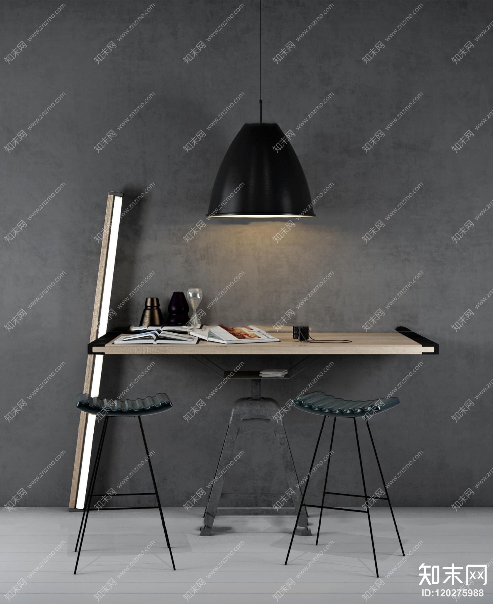 现代实木书桌椅吊灯组合3D模型下载【ID:120275988】