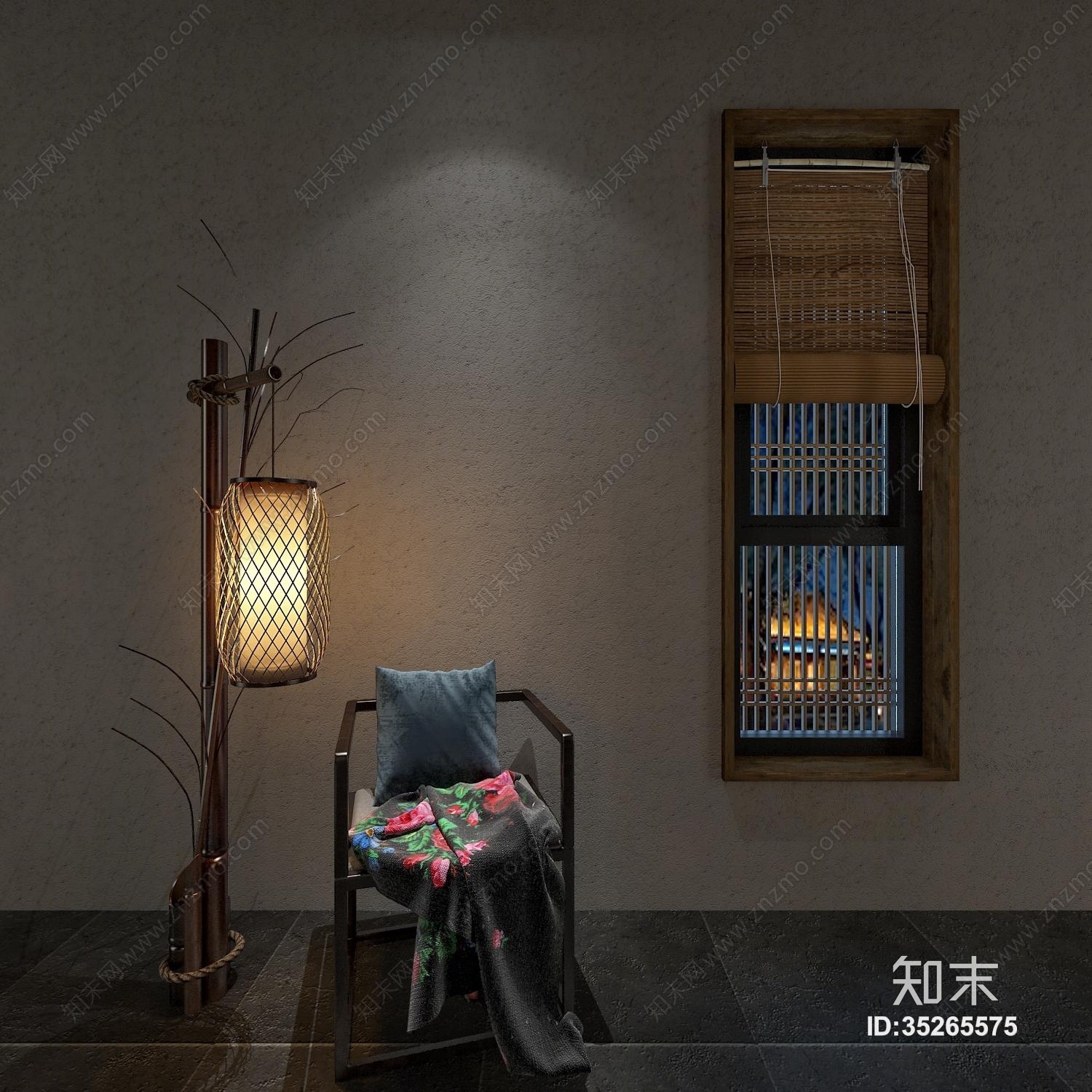 竹编落地灯笼椅子芦苇帘子组合3D模型下载【ID:35265575】