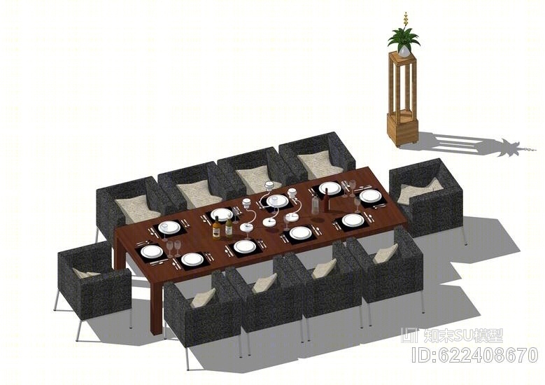 方餐桌餐具组合SU模型下载【ID:622408670】