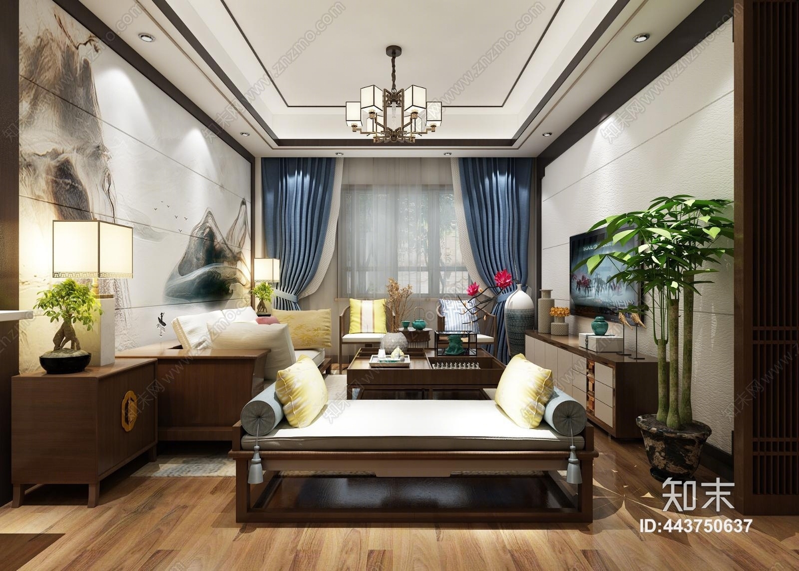 新中式风格酒店套间3D模型下载【ID:443750637】