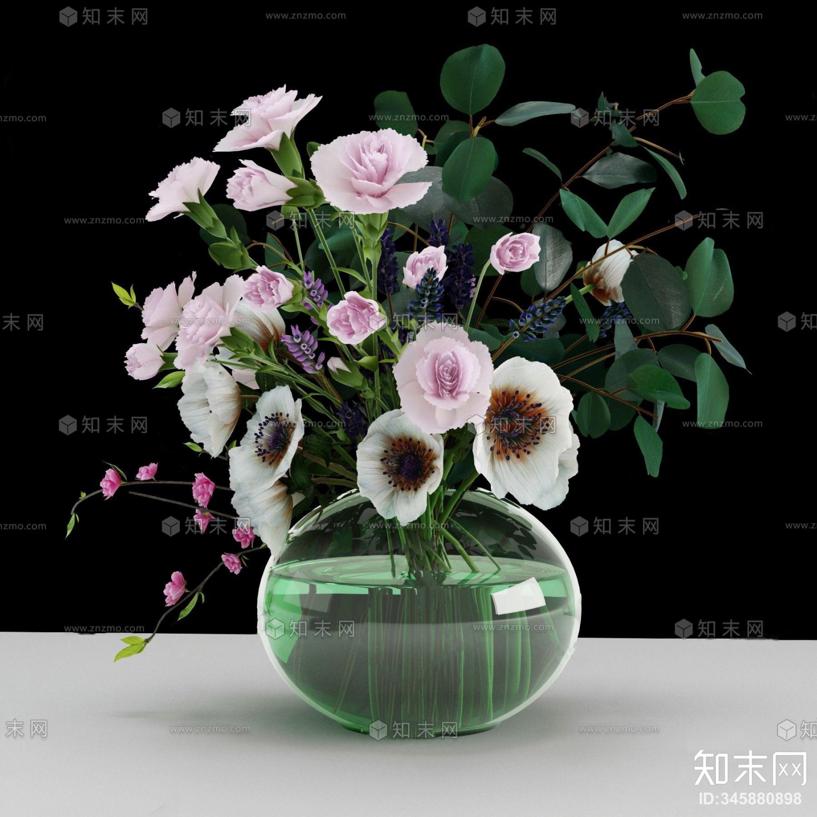 现代花瓶花卉3D模型下载【ID:345880898】