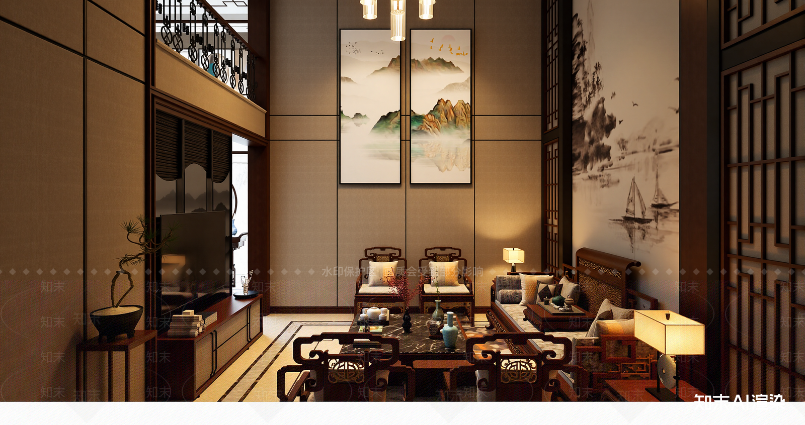 中式挑空客厅3D模型下载【ID:1221487464】