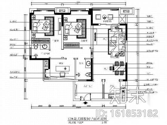 [重庆]精品美式风情三居室样板间装修施工图（含效果）cad施工图下载【ID:161853182】