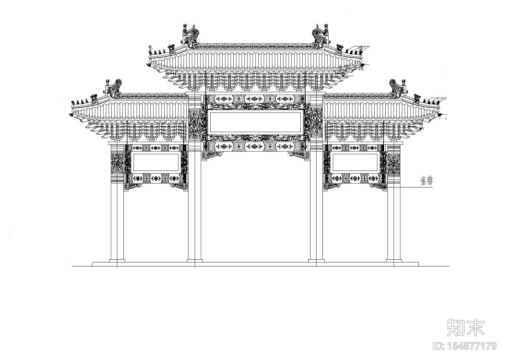 四柱三楼牌坊CAD图纸施工图下载【ID:164877179】