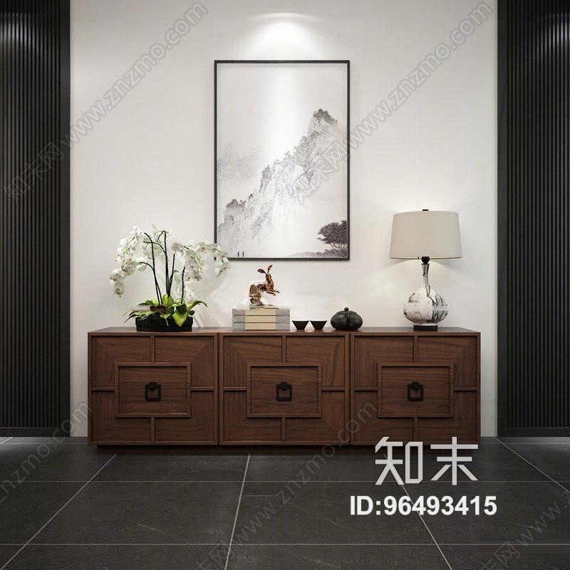 中式实木边柜台灯装饰画摆件组合3D模型下载【ID:96493415】