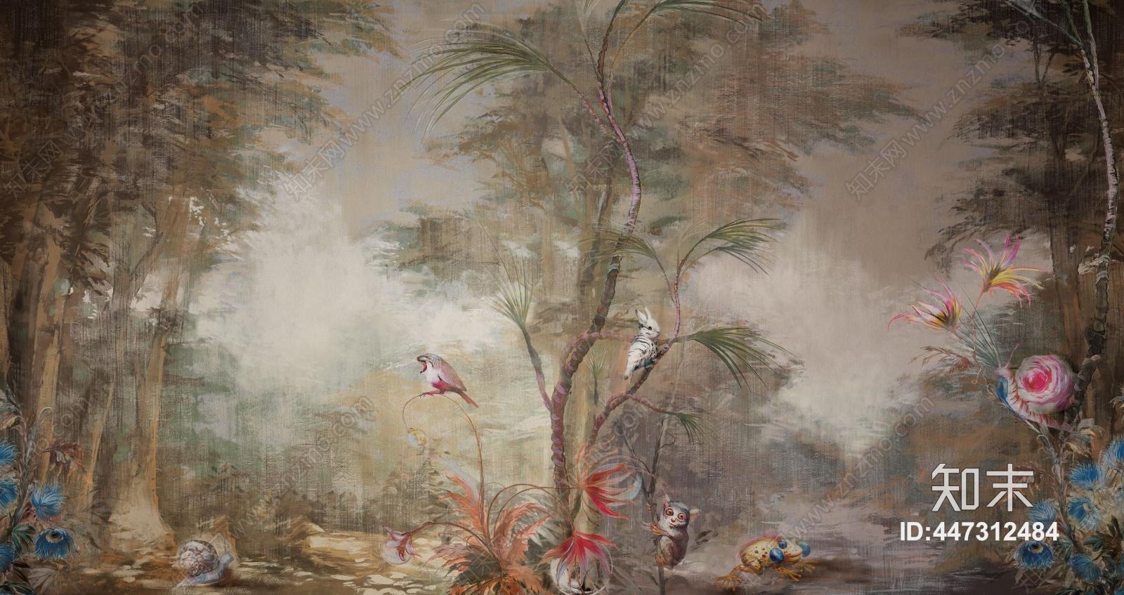 欧式田园森林植物小鸟花朵装饰壁纸壁画贴图下载【ID:447312484】
