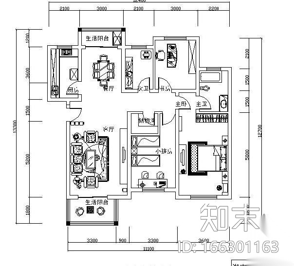 [毕业设计]某三居设计装修图cad施工图下载【ID:166301163】