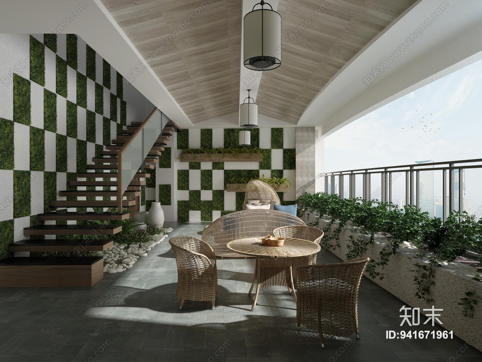 现代阳台花园植物墙藤椅休息区3D模型下载【ID:941671961】