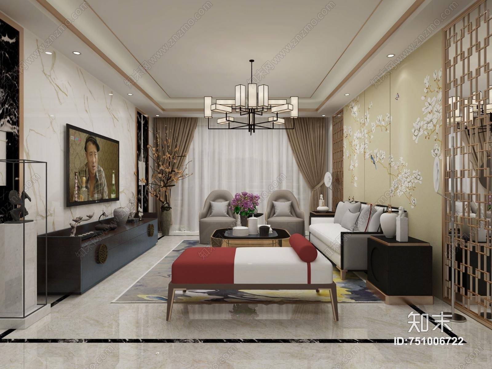 新中式客厅餐厅3D模型下载【ID:751006722】