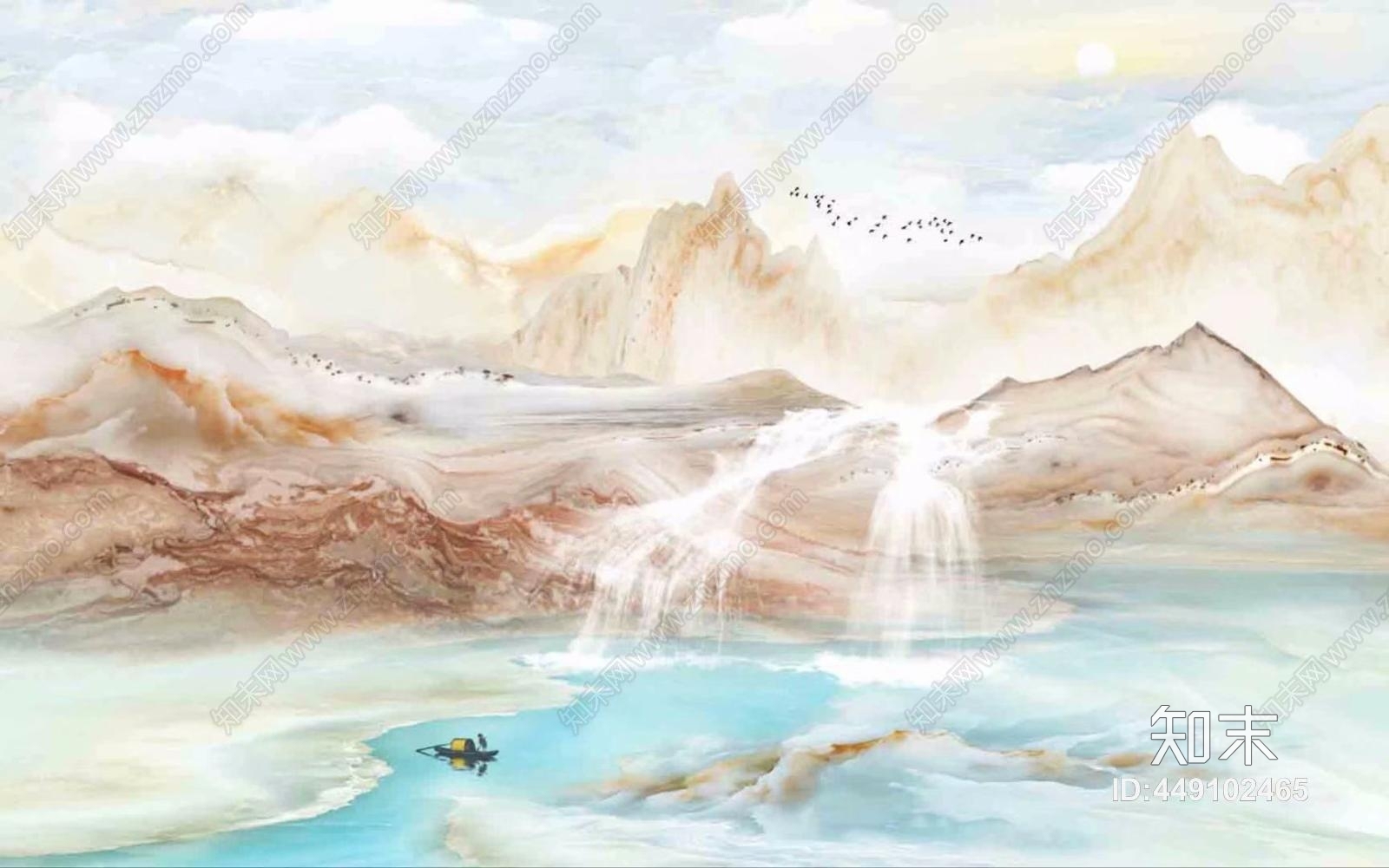 山水图纹彩雕背景墙大理石贴图下载【ID:449102465】