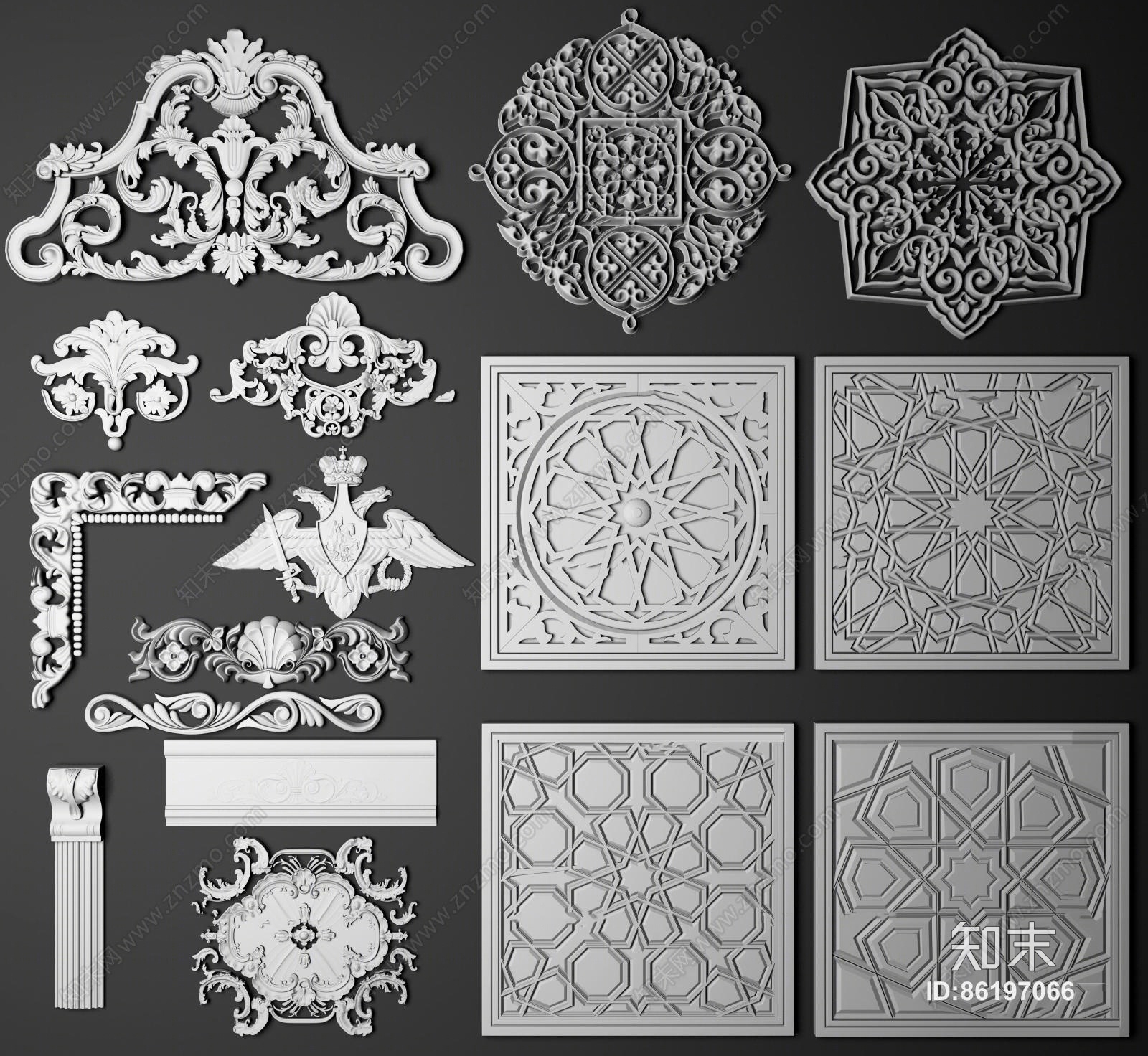 欧式石膏雕刻雕花组合3D模型下载【ID:86197066】