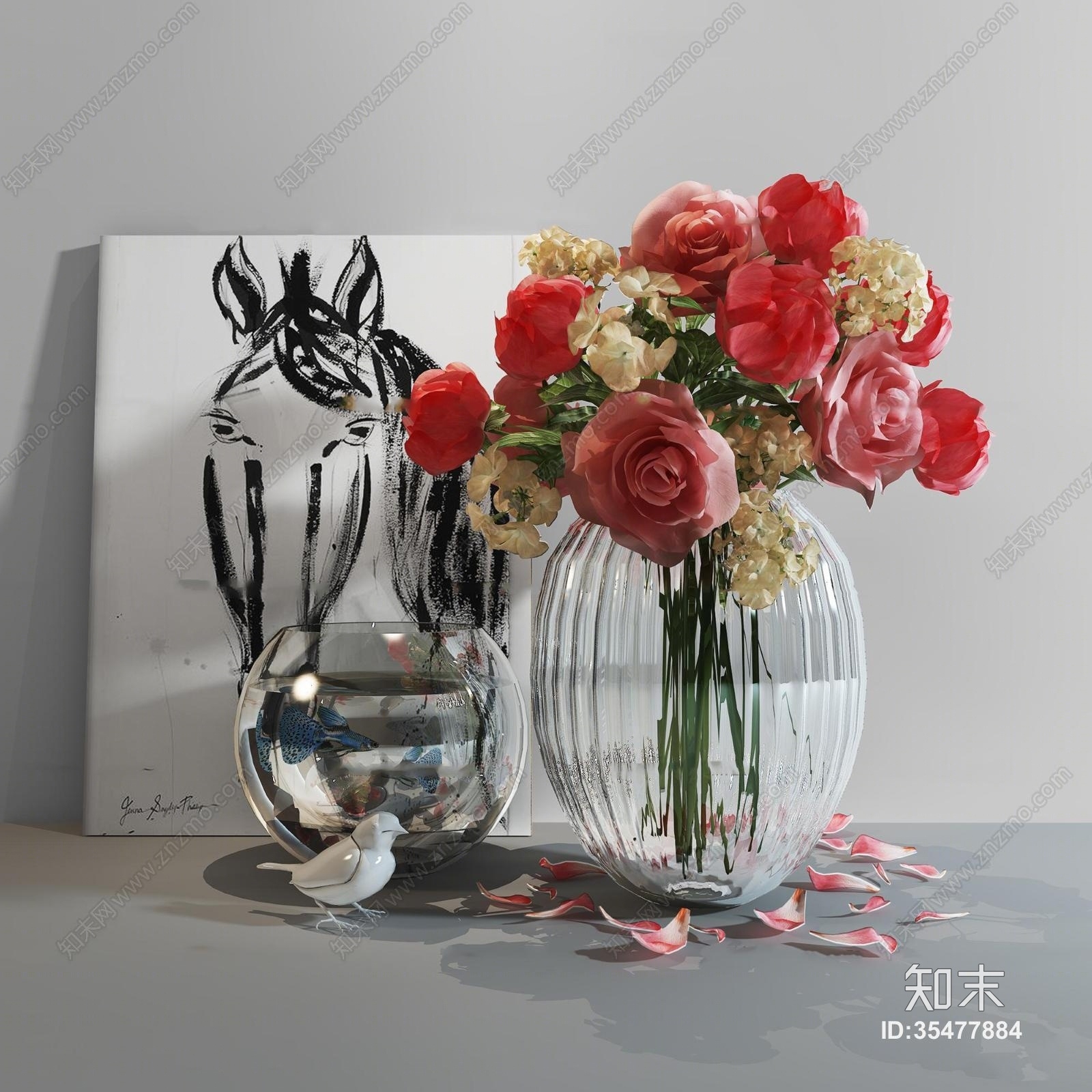 现代玻璃花瓶插花装饰画组合3D模型下载【ID:35477884】